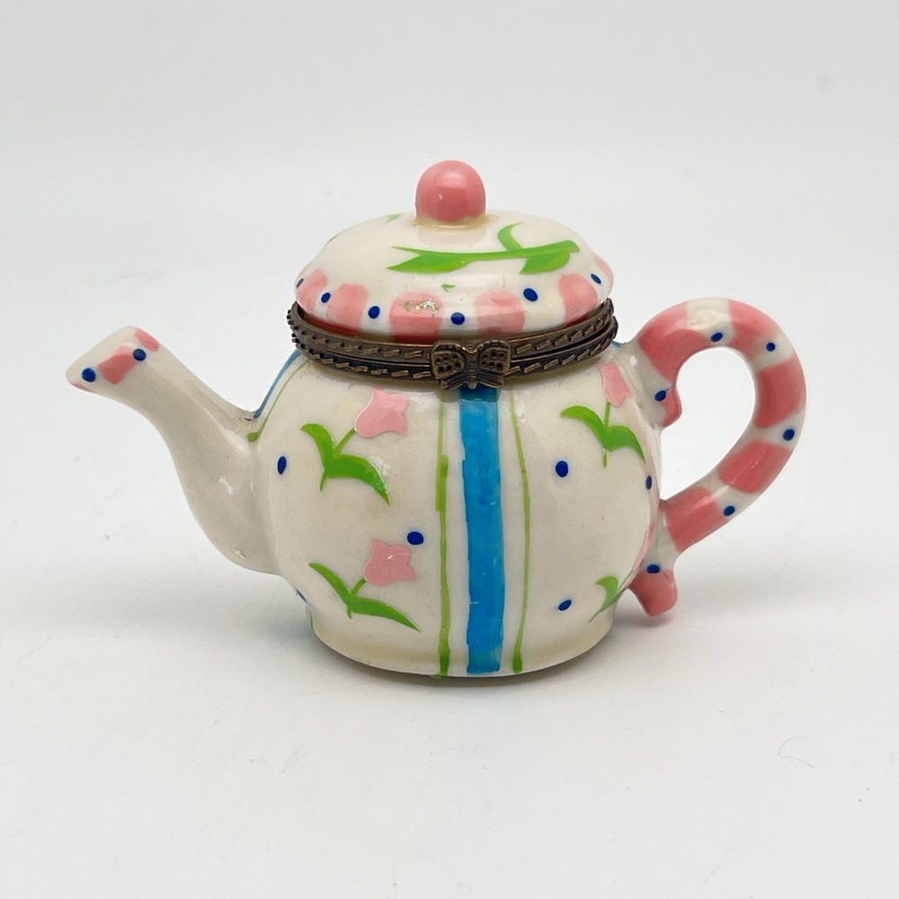 Teapot Trinket Box Jar With Flower Charm Inside Ceramic Floral 2.5” Tall