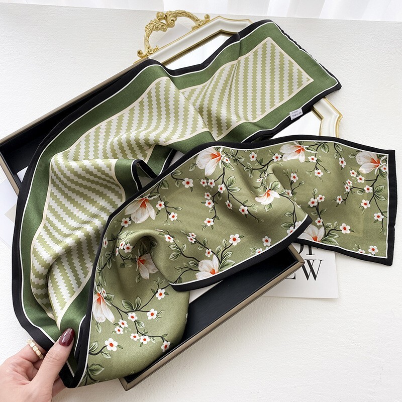 Double-Sided 100% Silk Vintage Green Floral Striped Long Scarf 150x15cm for Women