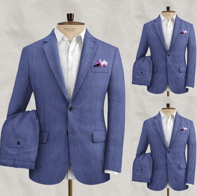 Navy Blue Seersucker Men's Suits Summer Formal Business Wedding Groom Tuxedos