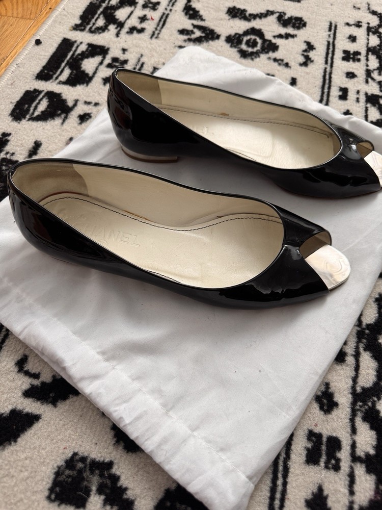 CHANEL CC Logo Patent Leather Peep Toe Ballet Flats  