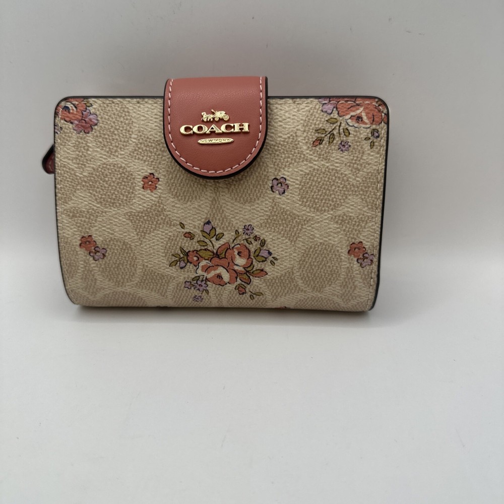 Coach Medium Corner Zip Wallet Floral Print Signature Canvas CAR13 Sand Multi