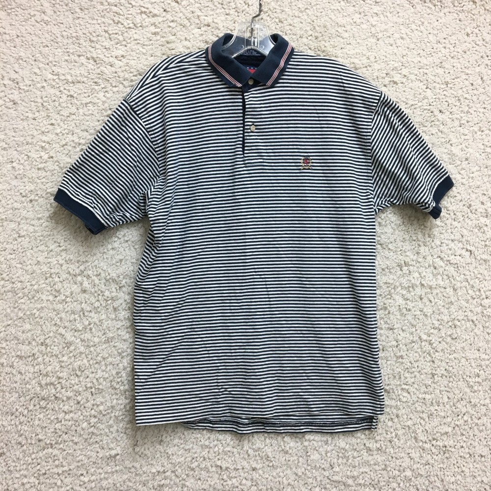 VINTAGE Tommy Hilfiger Polo Shirt Medium Adult Blue Striped Short Sleeve Mens M
