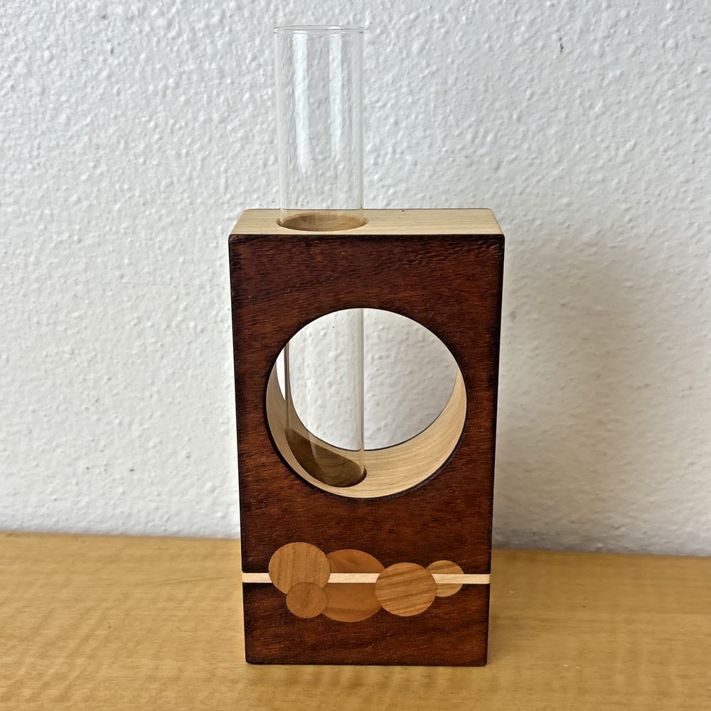 Geometric Forest Bud Glass Vase with Walnut Wood Base and Dot Stripe Design