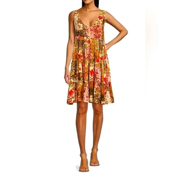 Talisman Lucky Charm Enchanted Patchwork Print V-Neck Tiered Swing Dress NWT S