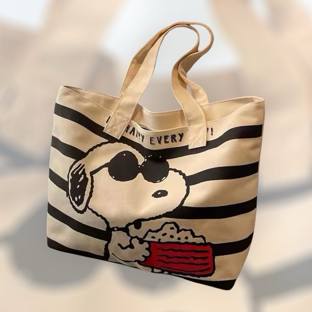 Peanuts Snoopy Large Canvas Tote Bag Beige Bold Stripes Casual