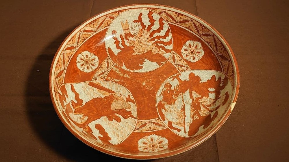 Japanese Kutani Ware Old Iidaya Miyamotoya kiln red painting Kuroku Yamada Edo p