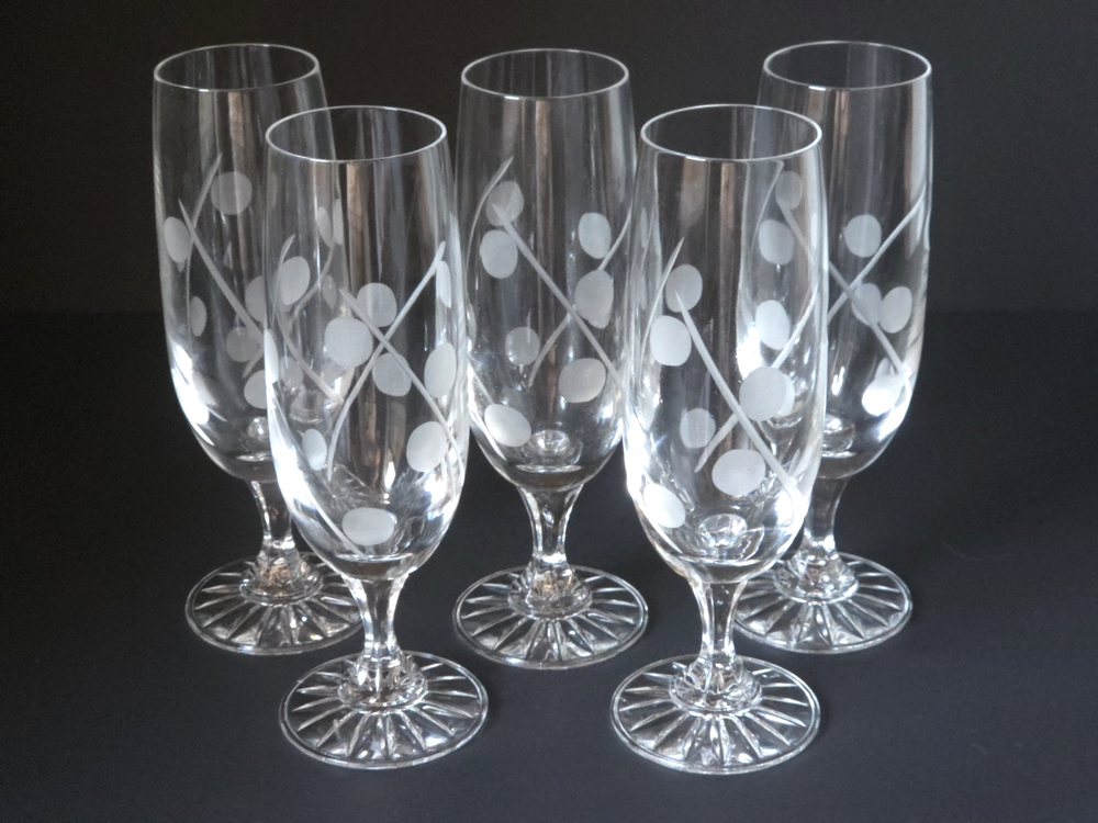 Vintage Hand Etched Heavy Crystal Prosecco Champagne Flutes Set of 5 EUC!
