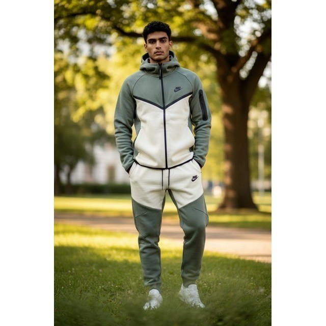 Nike Tech Tracksuit Full Set Olive Green Cream Full Zip Hoodie Joggers (M)