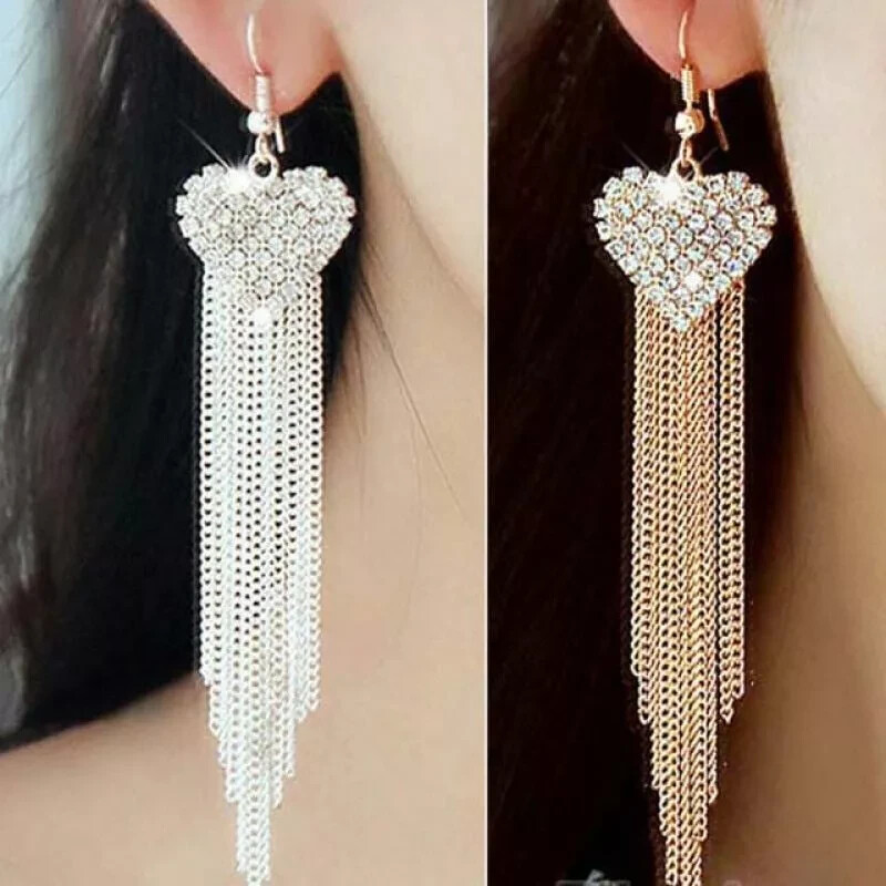 Fashion Crystal Heart Dangle Drop Tassel Earrings Rhineston Women Wedding 1 Pair