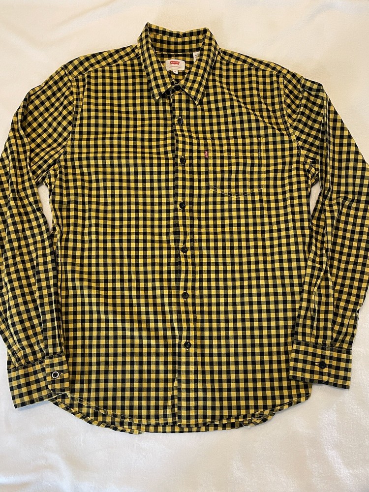 Levi's Plaid Flannel Button Up Shirt Mens Size Slim Medium Blue Yellow Cotton