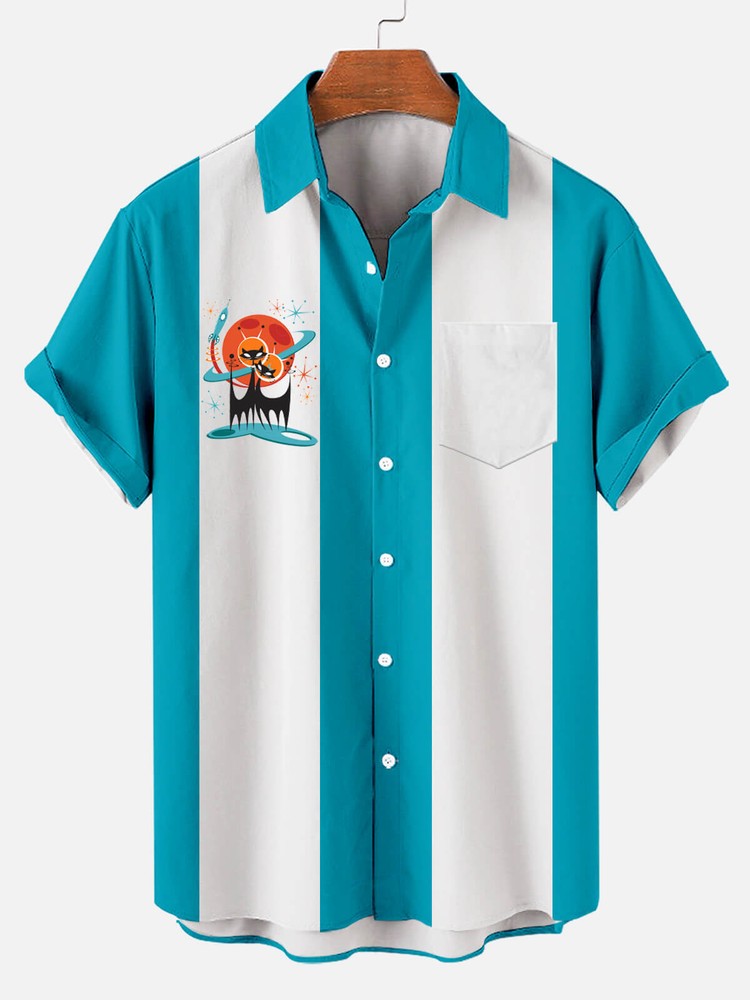 Mens Hawaiian Kitten Stripe Short Sleeve Shirt