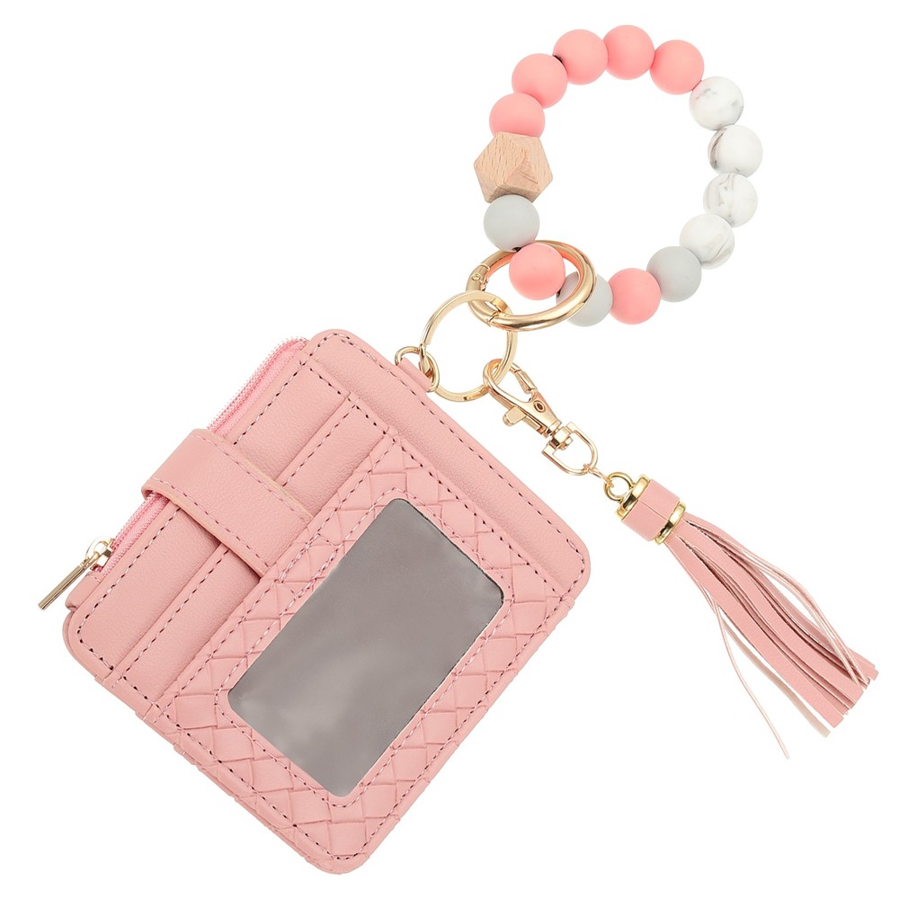 Leather RFID Blocking Keychain Wallet with Wristlet in Pink