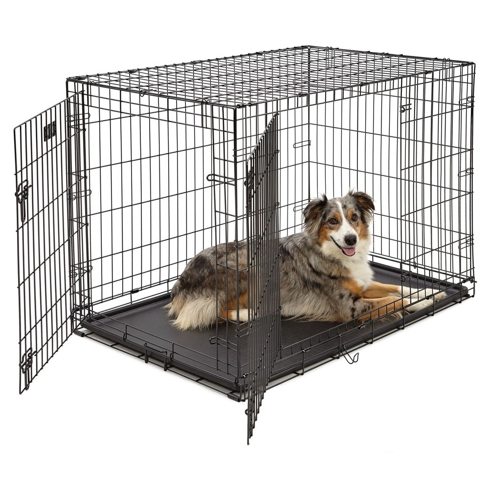 42-Inch Double Door Metal Dog Crate with Partition Board Easy Assembly Black-image