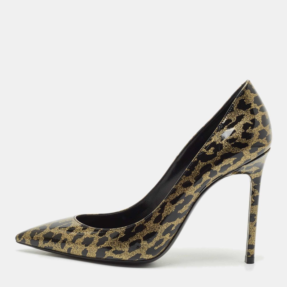Saint Laurent Black Gold Animal Print Patent Leather Anja Pointed Toe Pumps