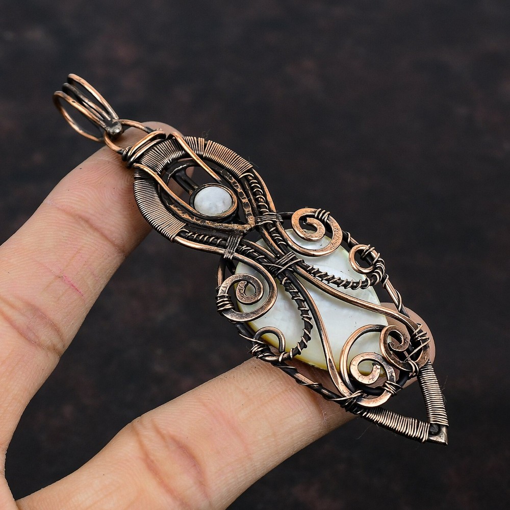 Rainbow Moonstone Boho Pendant with Copper Wire Wrap Mother of Pearl