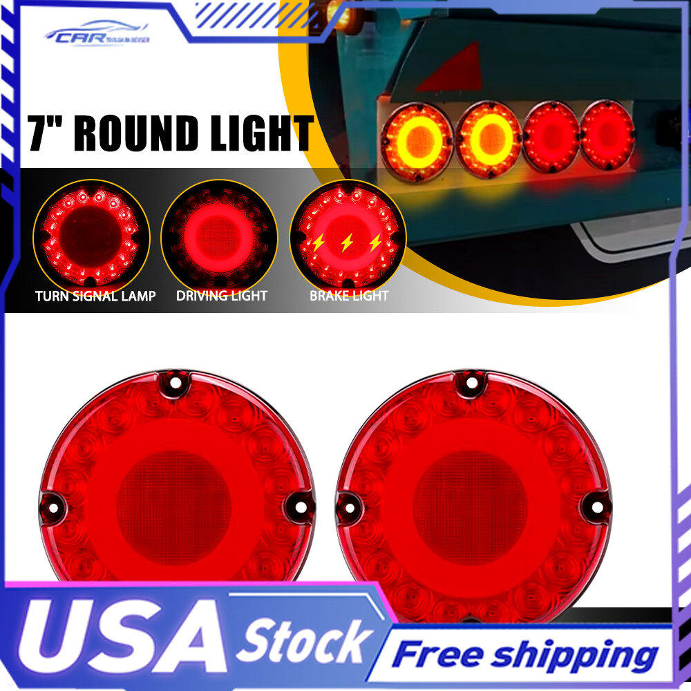 2PC 7in Red Round LED Tail Lights for Trucks Trailers Buses with Stop Turn Signal DRL Brake Function