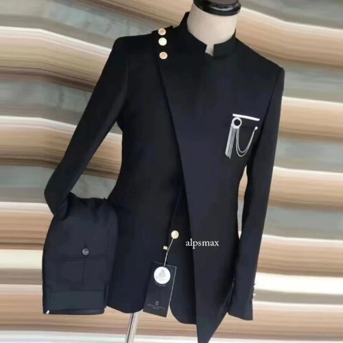 Men Italian Style Suits with Stand Collar 2 Piece Business Jacket with Pants