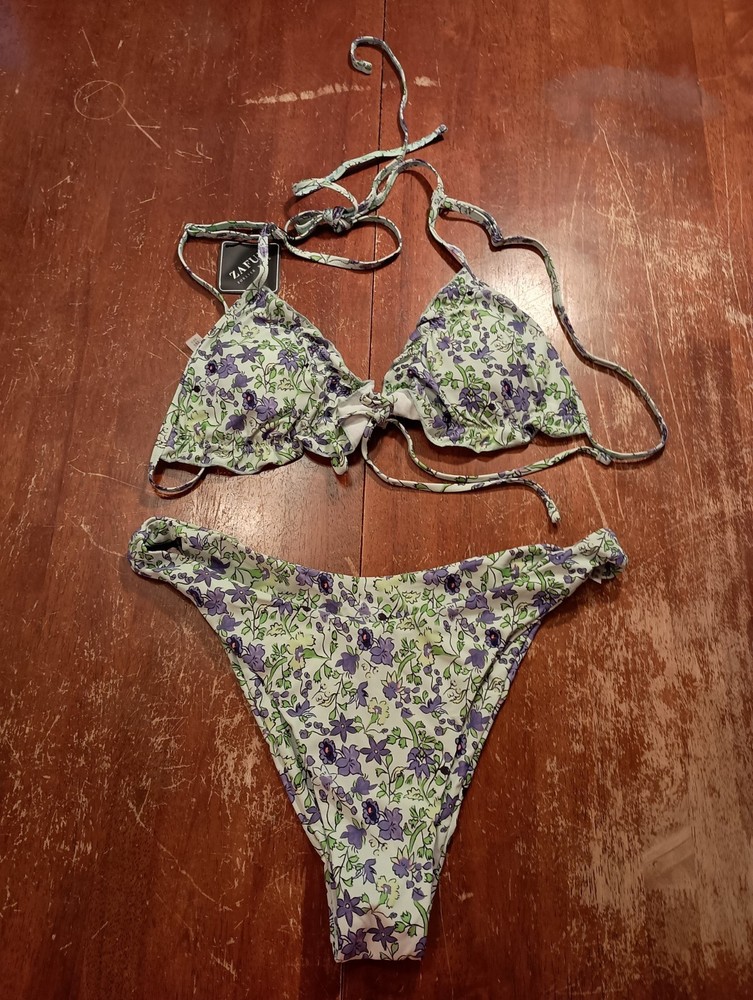 Zaful Women's Green Purple Floral Print 2 Piece String Bikini Top Bottom Size XL