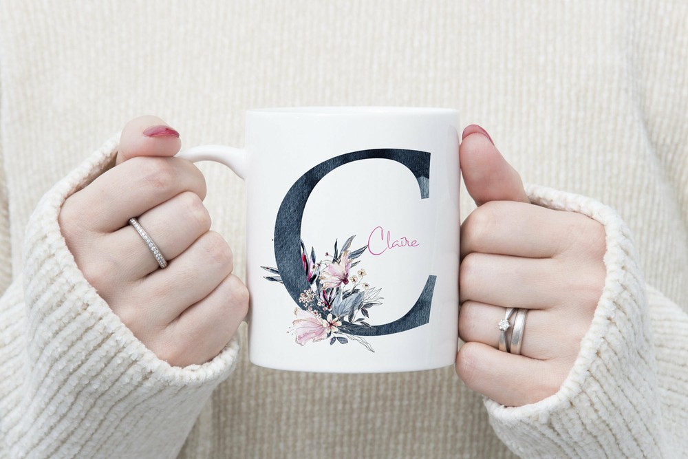 Personalised Initial And Name Mug Floral Initial Mug Custom Watercolour Mug
