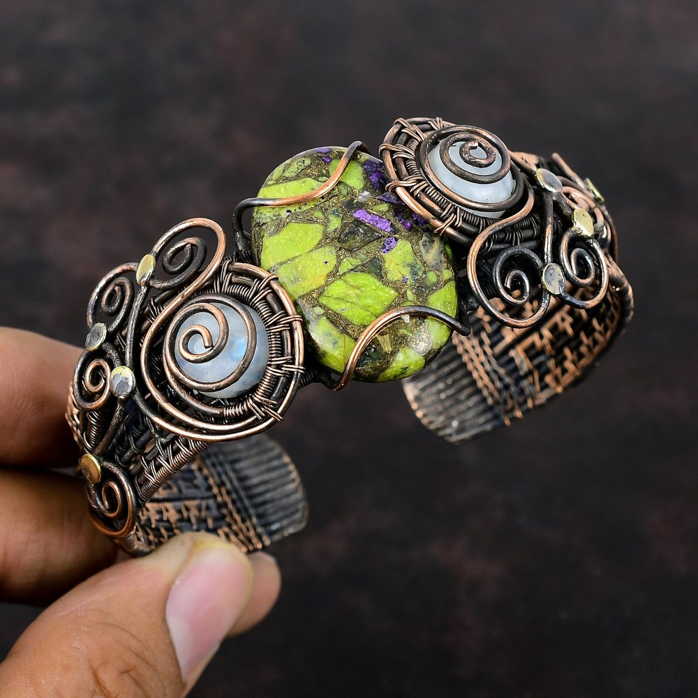 Copper Wire Wrapped Cuff with Stichtite & Rainbow Moonstone - Christmas Sale-image