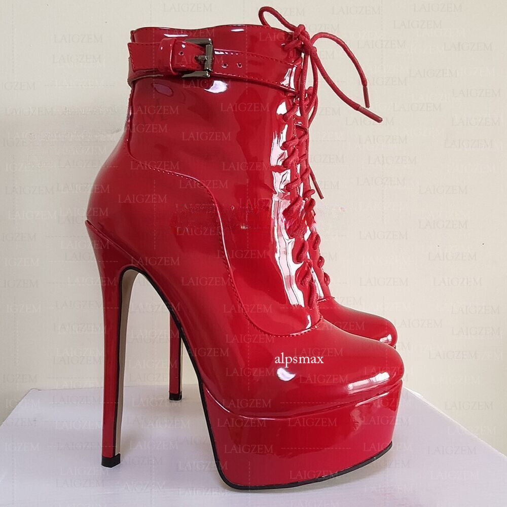 Women Ankle Boots Shiny Side Zip Up Thin High Heels Short Booties Faux Leather