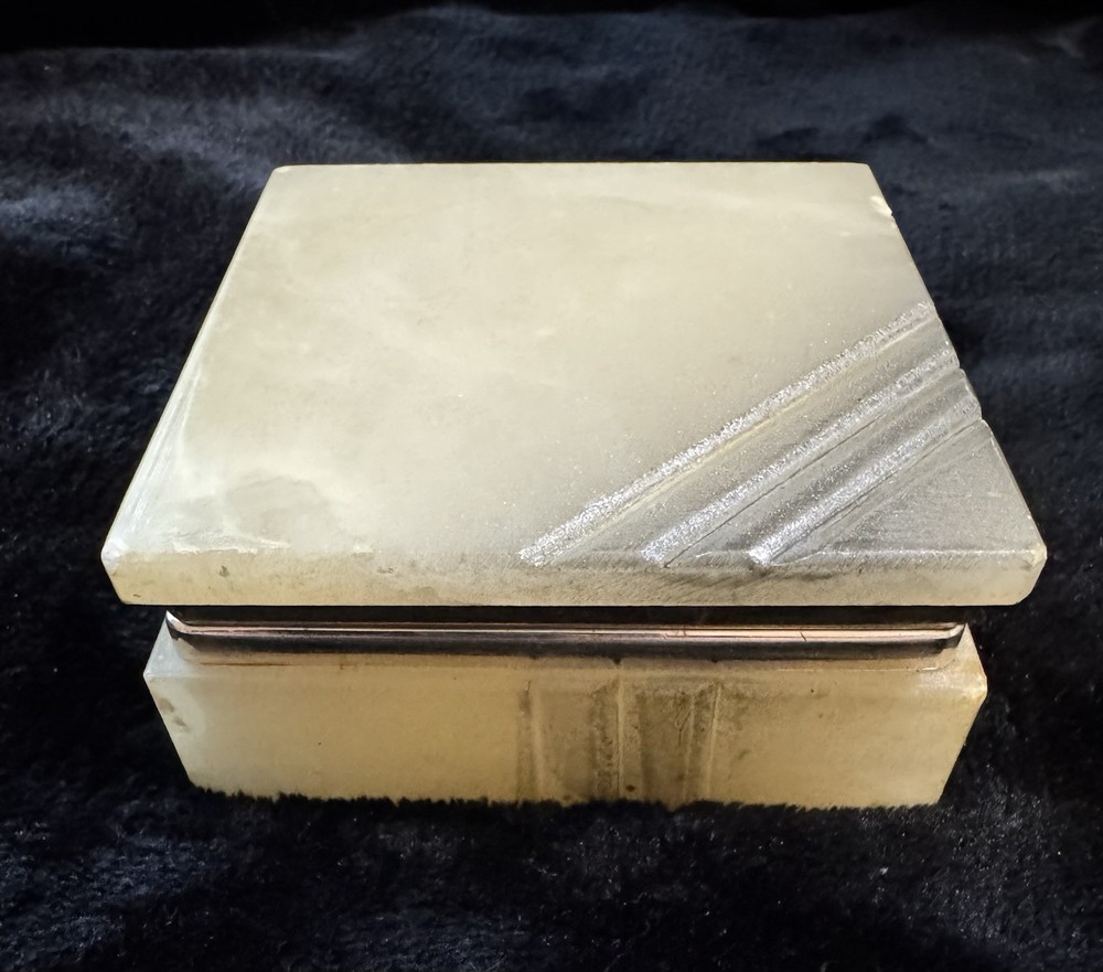 Vintage Alabaster Jewelry Trinket Box Hand Carved Hinged Lid Made In Italy