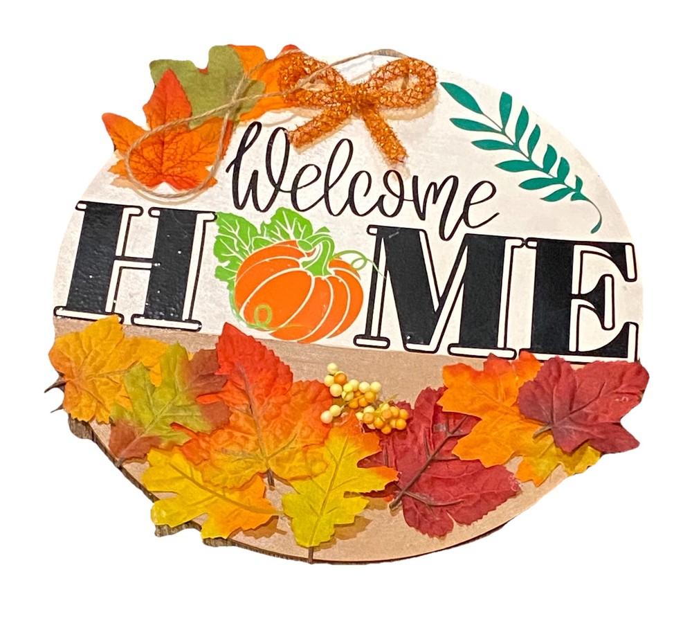 Seasonal Welcome Home Fall leaf 12” Round Sign-image