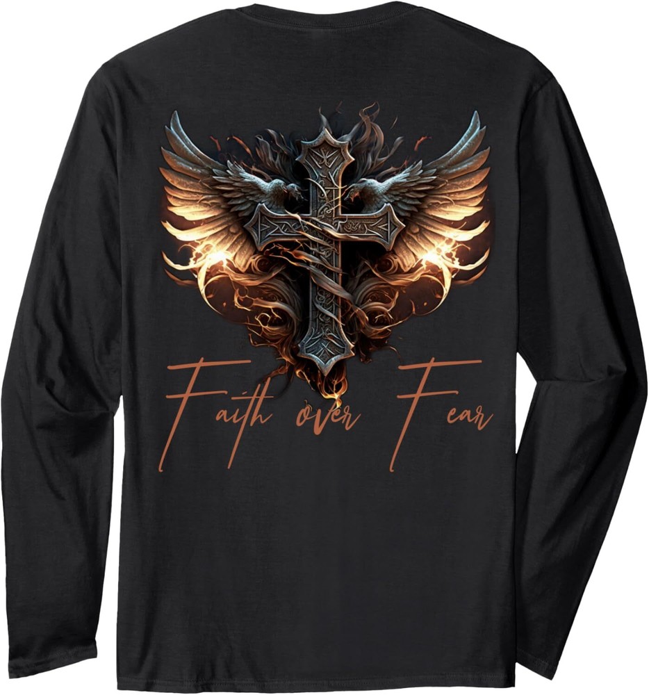 Biker Angel Wings Christian Cross Faith Over Fear - On Back Long Sleeve T-Shirt