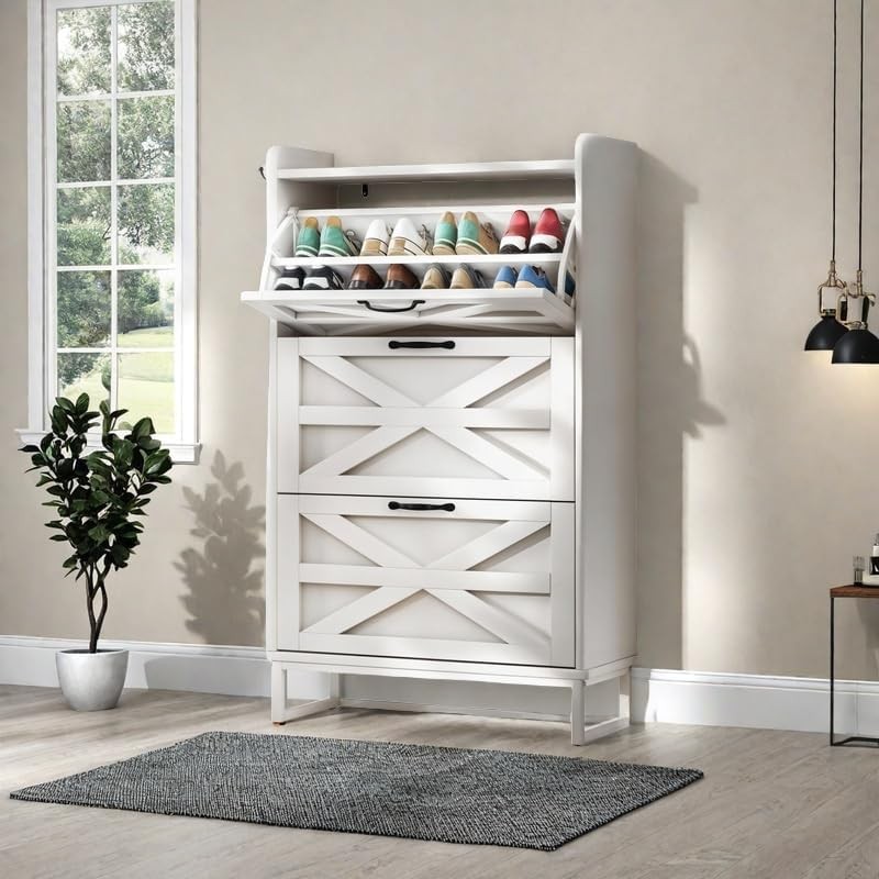 3-Tier Flip-Drawer Shoe Storage Cabinet Holds 24 Pairs