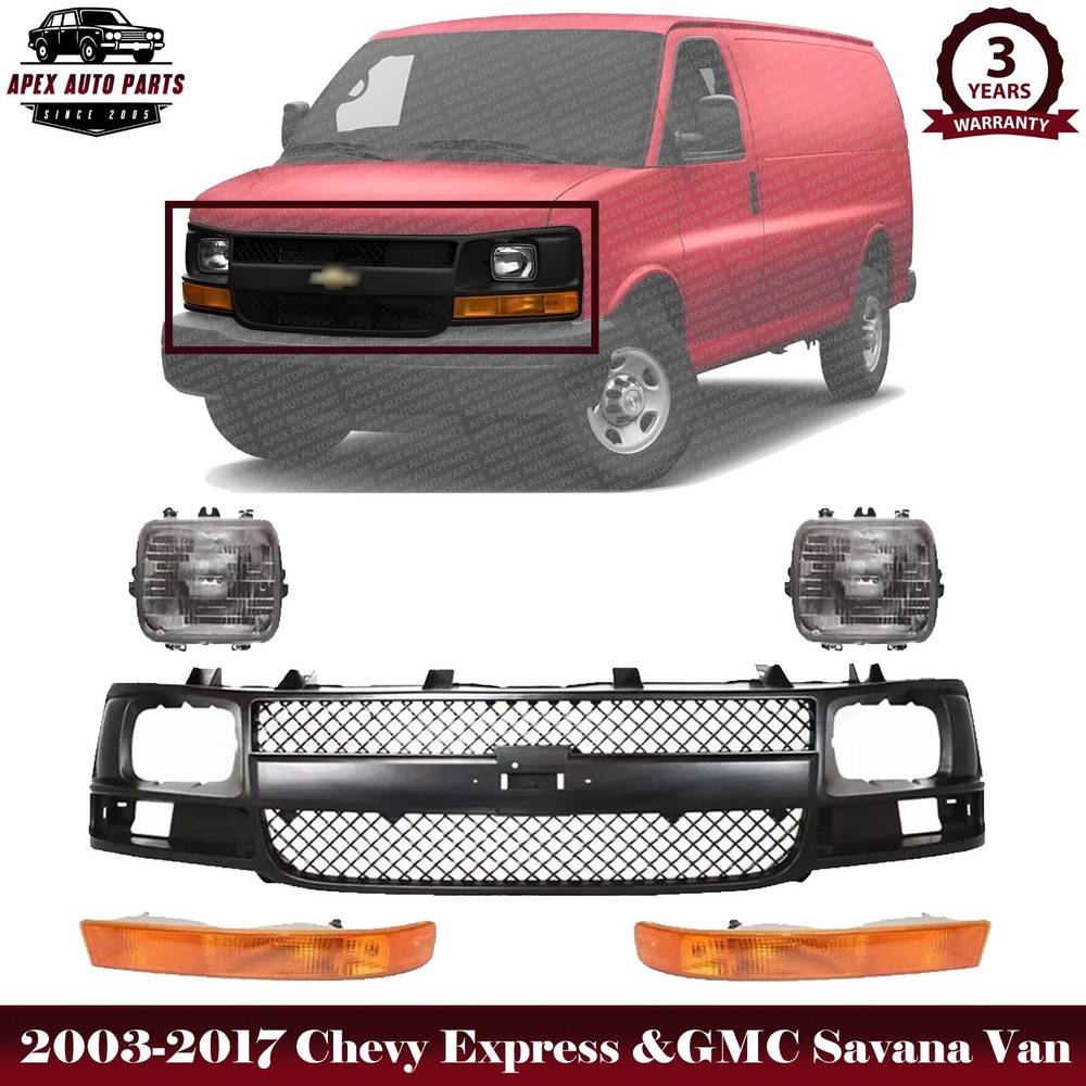 Front Grille Primed + Headlights Kit For 2003-2017 Chevy Express &GMC Savana Van