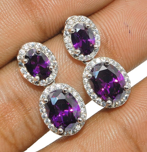 2CT Amethyst & White Topaz 925 Solid Sterling Silver Earrings Jewelry YB3-2