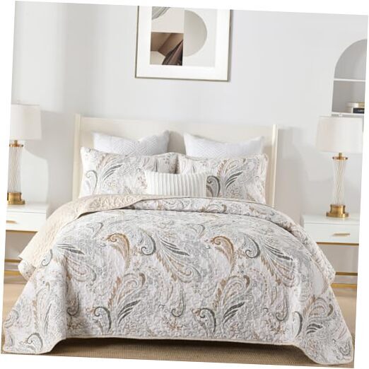Boho Quilt Set Queen,Paisley Floral Pattern Bedspread Queen(96