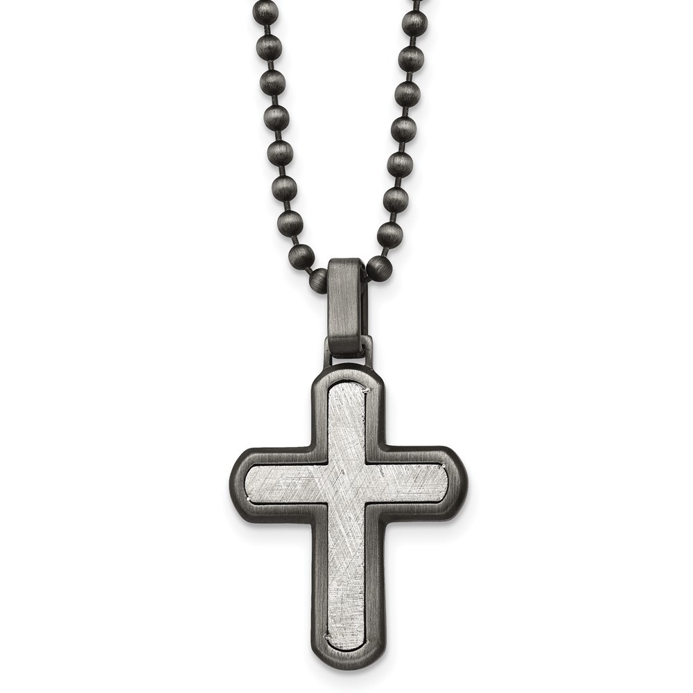 Stainless Steel White Bronze Plated Scratch Cross Pendant Necklace 22 Inch Chain