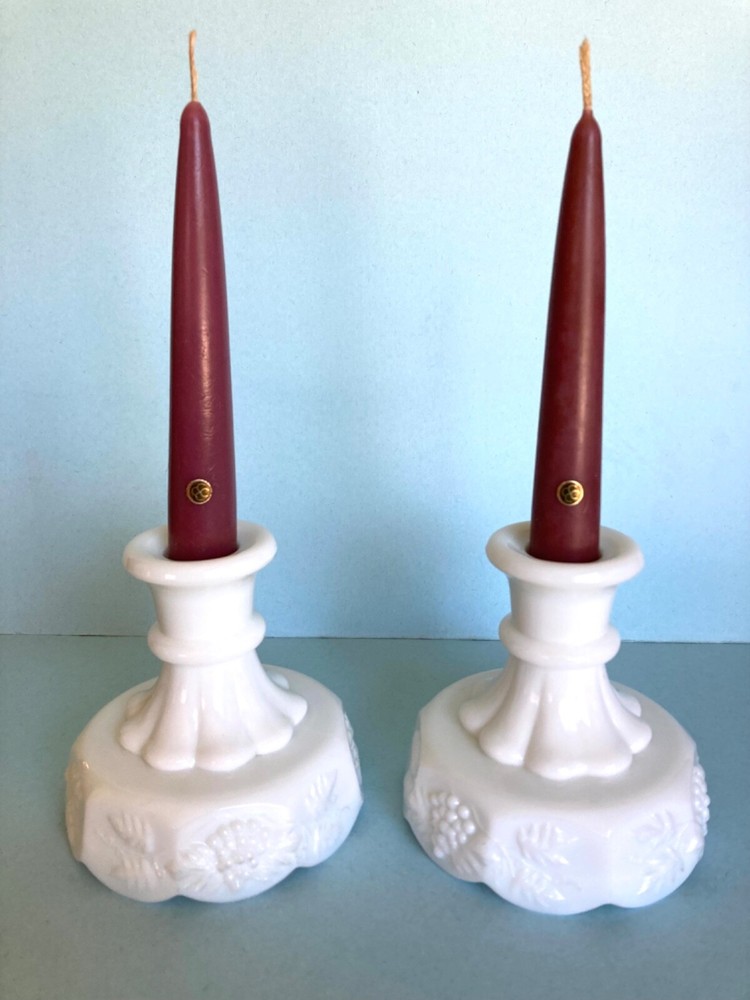 Vintage Westmoreland Milk Glass Grape Panel Candlestick Holders  