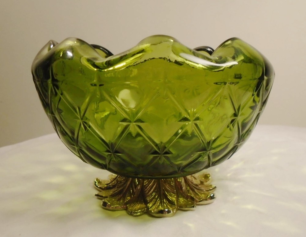 Vintage MCM Indiana Glass Diamond Duette Avocado Green Glass Bowl Candy Dish
