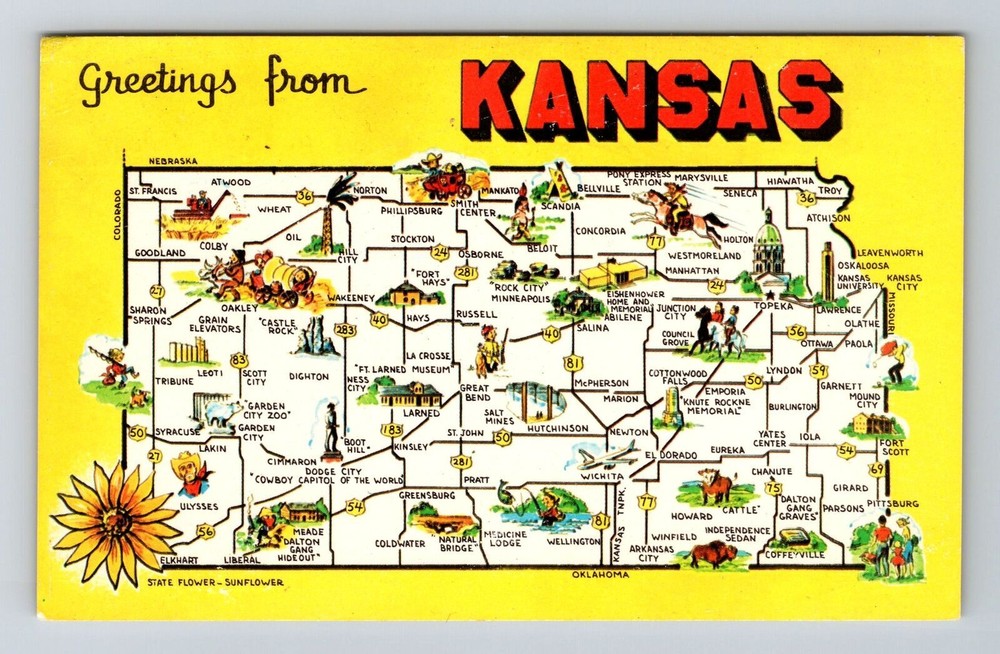 KS-Kansas, Scenic Map Greetings, Landmarks, Vintage Postcard