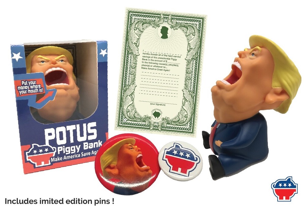 Donald Trump Piggy Bank Ornament - Stocking Stuffer Gift Pack - Coin Figure