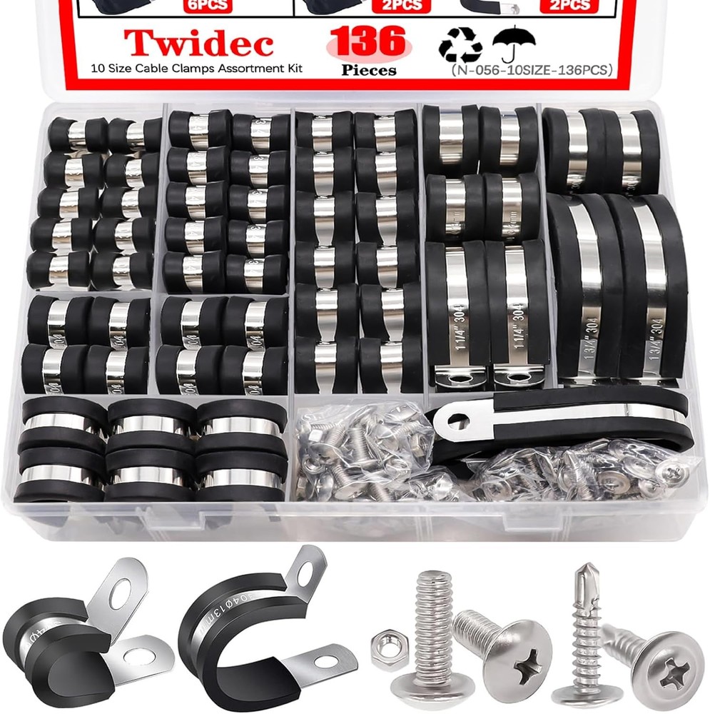 Twidec/136PCS Cable Clamps Assortment Kit 304 Stainless Steel Rubber Coated Cush