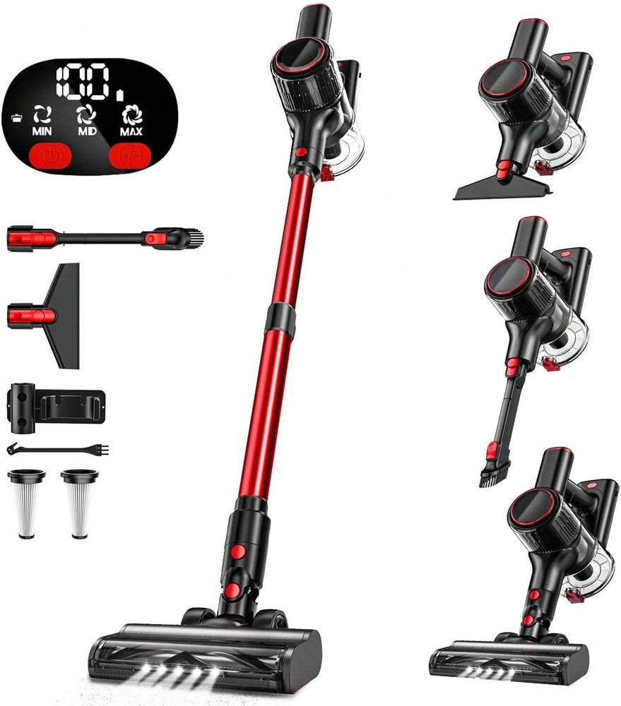 Cordless Vacuum Cleaner, 33Kpa Cleaners for Home, 8-in-1 Red
