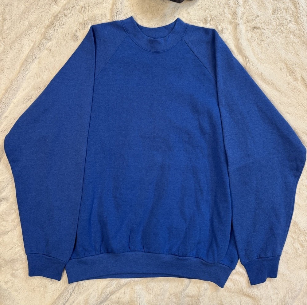 Vtg 80s Raglan Fruit of Loom Blank Royal Blue Sweatshirt Skate Punk Mens XL