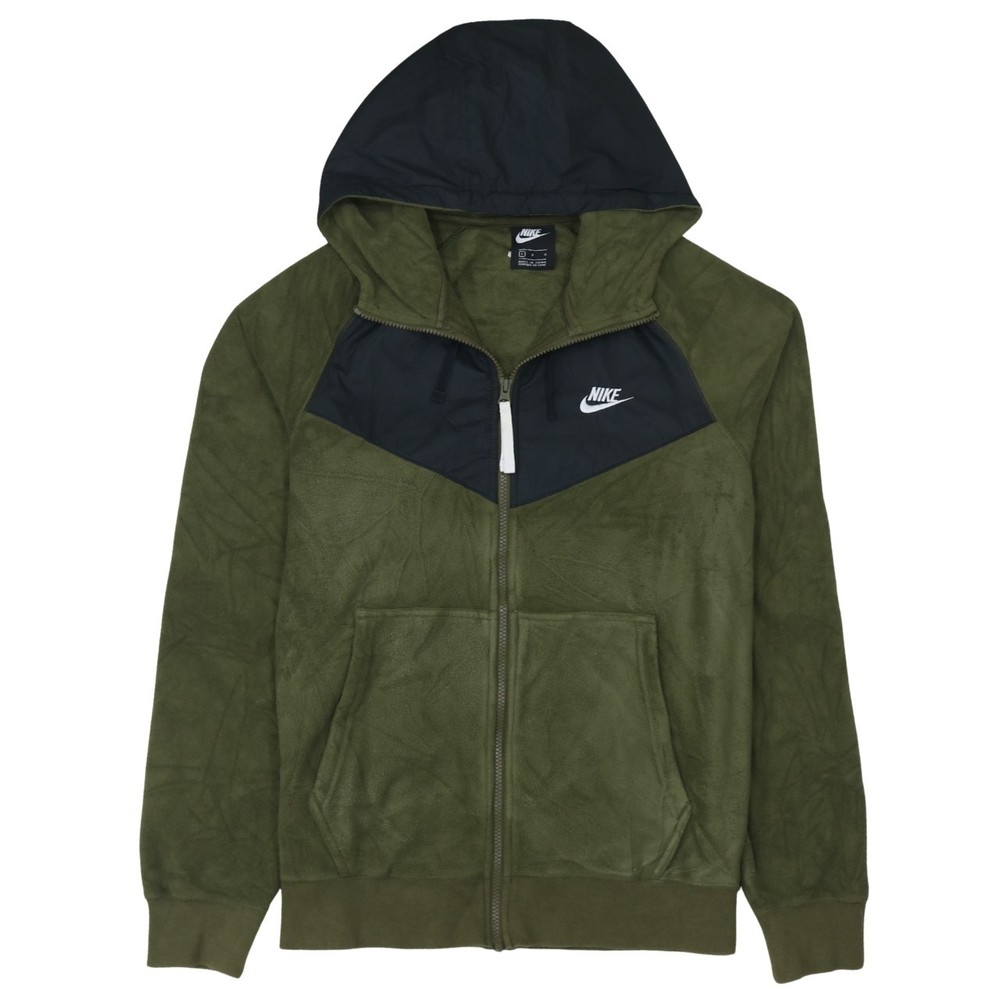 Nike Mens Fleece Hoodie Olive Green Full Zip Embroidered Logo Pockets Jacket L