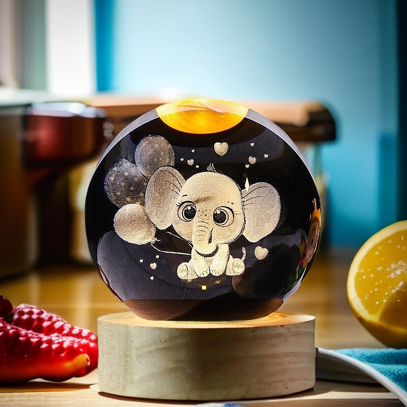 3D Elephant Crystal Ball Night Light with Wooden Base - Kids Gift Healing Decor