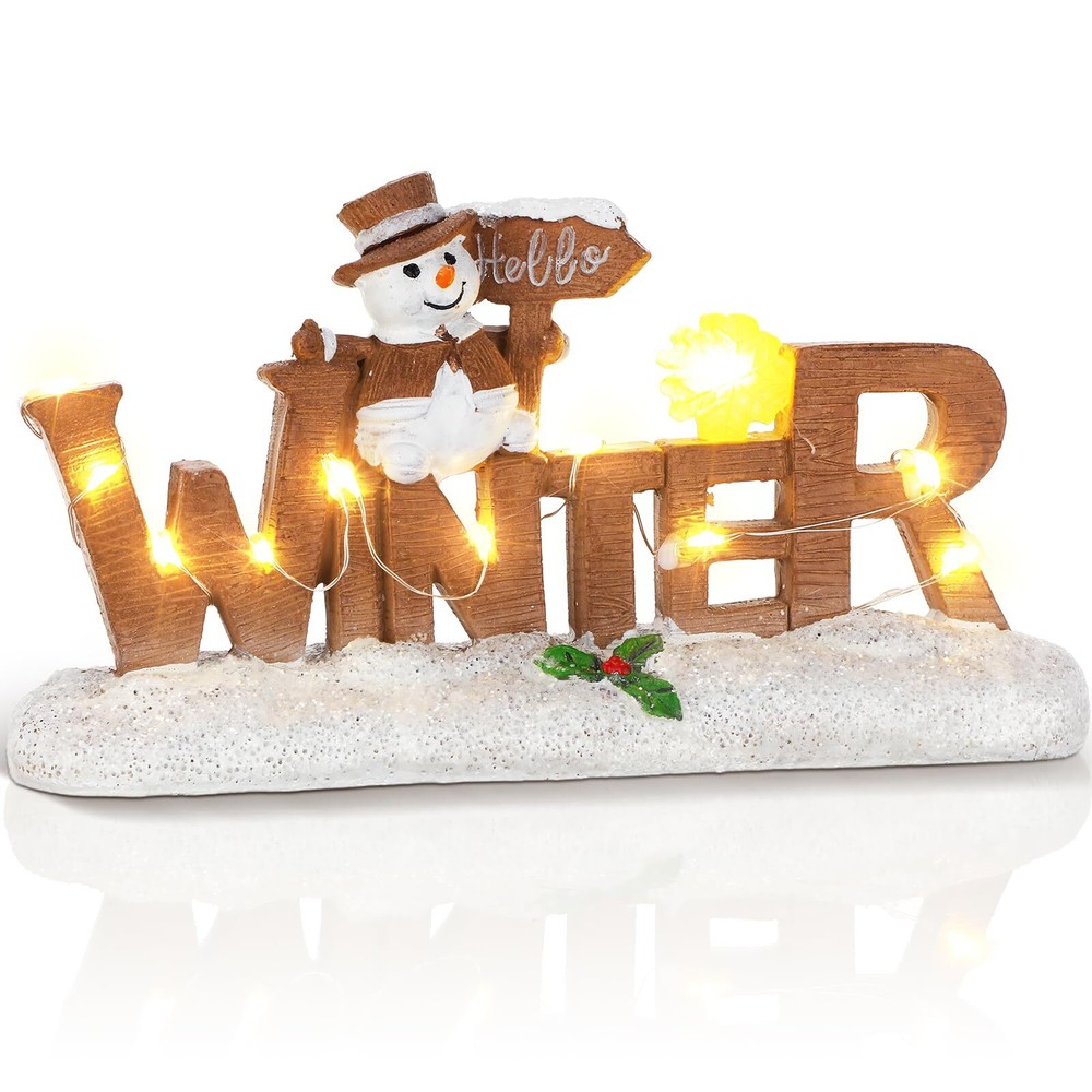 Hello Winter Lighted Snowman Tabletop Decor Figurines Glowing Resin Decoratio...