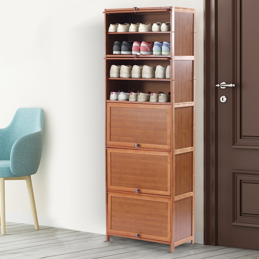 10-Tier Shoe Rack with Sliding Cabinet Doors and Bookshelf