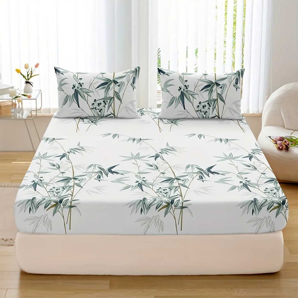 3pcs Soft Bamboo Leaf Print Fitted Sheet Set – Breathable Comfortable Bedding
