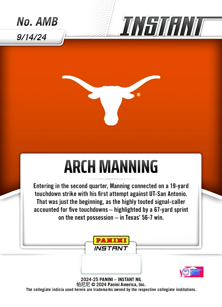 Presale ARCH MANNING TEXAS LONGHORNS 2024 Panini GRADED GEM-MINT 10 CARD #AMB-image