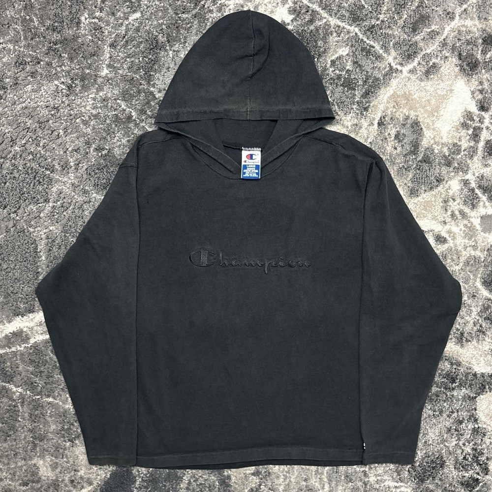 Vintage Champion Hoodie Mens Large USA Made Black Sweatshirt 90s Lightweight