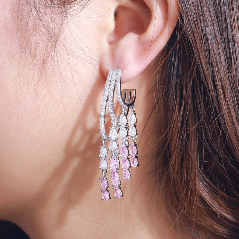 Lady Trendy Silver Plated Pink Cubic Zirconia Long Tassel Dangling Drop Earrings