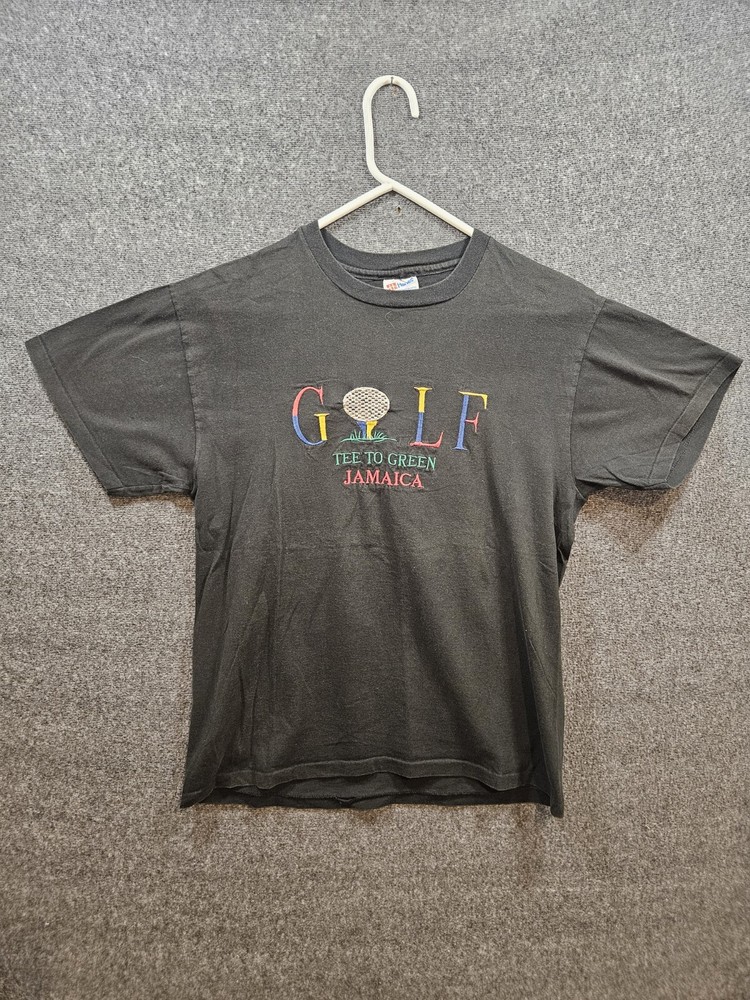 Vintage Embroided Black Golf T-Shirt 90s Jamaica Funny Single-Stitch Size LARGE