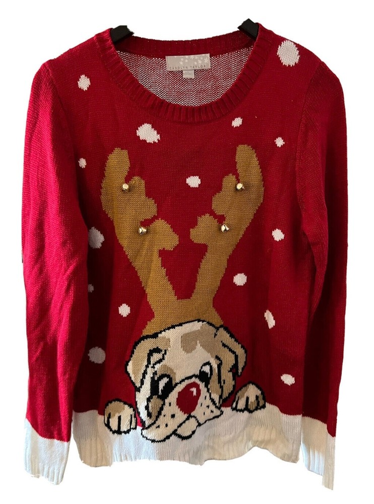 Carolyn Taylor Ugly Christmas sweater Womens Sz L Puppy Dog Red Reindeer Bells